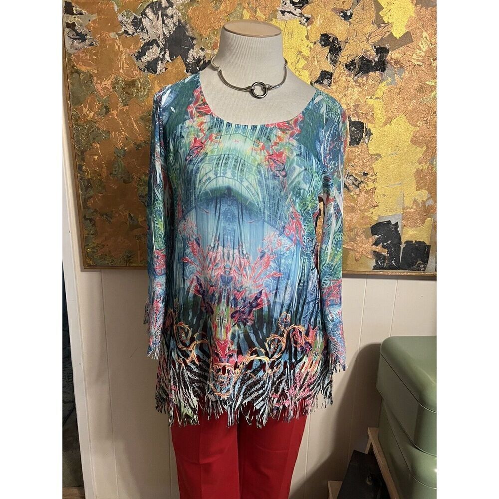 Art To Wear Mushka Sienna Rose Medium Tunic Fringed Cut Outs Hem Bell Sleeves